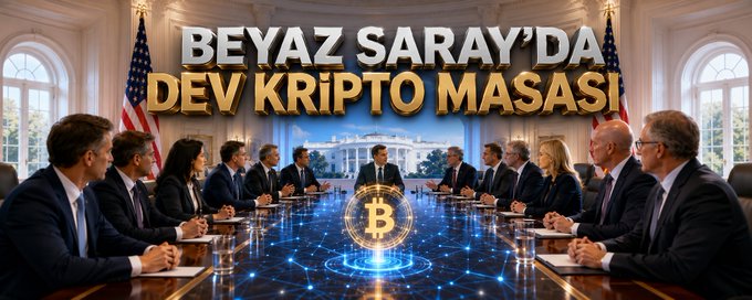 An AI-generated image of people seated around a conference table in the White House with a Bitcoin symbol in the center and the Turkish text 'BEYAZ SARAY'DA DEV KRİPTO MASASI' (Big Crypto Table at the White House) overlaid.