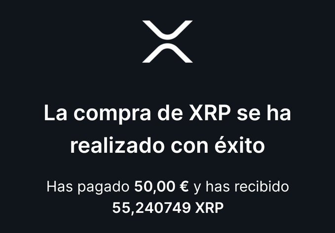 A dark promotional graphic with the XRP logo stating 'La compra de XRP se ha realizado con éxito' (The XRP purchase has been successfully completed), showing payment of 50.00 € for 55.240749 XRP.