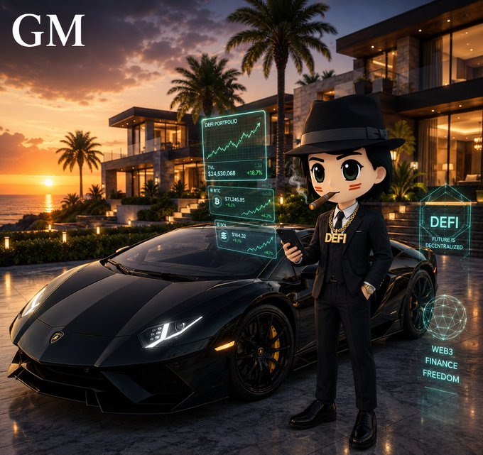 A chibi-style mascot in a black suit and fedora stands beside a Lamborghini at a luxury beachfront villa, with holographic displays showing "DEFI PORTFOLIO" (+18.7% to $24,530,068), BTC ($70,245.85), ETH ($94.32), and "DEFI," "WEB3 FINANCE FREEDOM" signage.

The image visually embodies the post's message about NomismaNetwork's expanding ecosystem, using opulent crypto-luxury imagery and DeFi/Web3 finance branding to represent the multi-layered growth from AI finance to onchain applications.