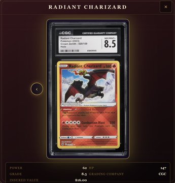 A CGC-graded Radiant Charizard Pokémon card (Crown Zenith 229/159) graded 8.5 with an insured value of $16.00, showing 62 HP and the move Combustion Blast.