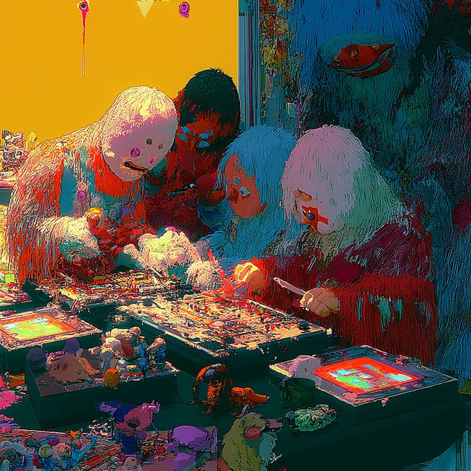 Another vibrant, stylized digital artwork shows three furry, colorful humanoid figures with messy hair gathered around a table, engaged in a messy painting or crafting activity, with small stuffed toys and painting supplies scattered around.