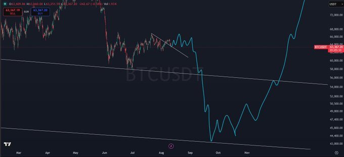 A BTC/USD chart shows Bitcoin's price dropping from around $63,367 toward $45,000 by late September, then staging a strong rally back above $65,000, visually reflecting the post's bearish forecast of a final lower leg before an "up only" recovery.