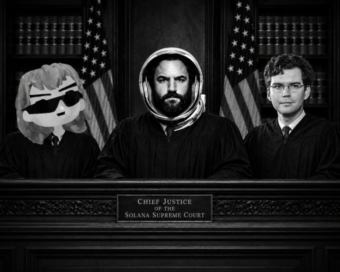 A black-and-white satirical image of three judges seated at the Supreme Court bench labeled 'CHIEF JUSTICE OF THE SOLANA SUPREME COURT,' with the left figure replaced by an anonymous cartoon avatar with sunglasses.
