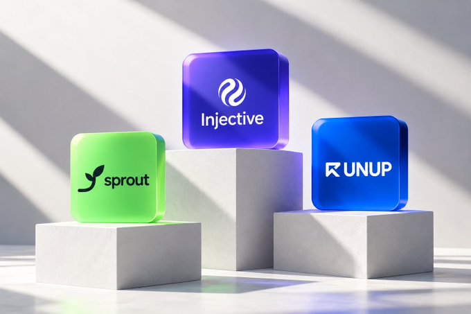 A 3D rendered graphic showing logos for "sprout," "Injective," and "RUNUP" displayed on colorful, illuminated cubes on white pedestals.