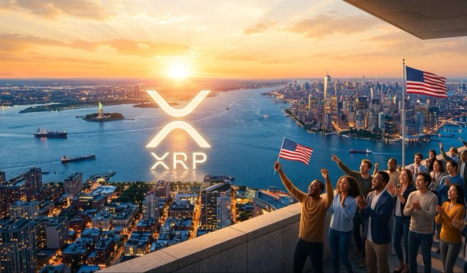 A promotional image featuring the XRP cryptocurrency logo over a New York City skyline at sunset, with a crowd of people waving American flags in the foreground.
