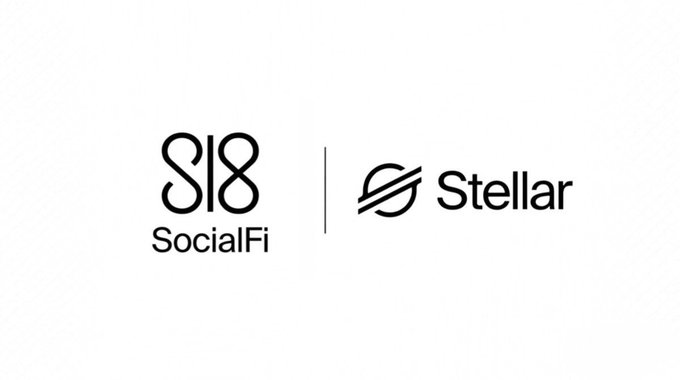 A black-and-white graphic displays the SocialFi (SI8) logo alongside the Stellar logo, separated by a vertical line, representing the SI8 and Stellar blockchain partnership referenced in the post.