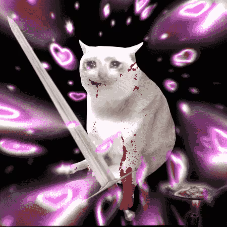 A blood-splattered white cat stands triumphantly wielding a large sword amid glowing pink heart shapes, embodying the "fight for love" theme of the $CASHCAT meme token. The dark, edgy aesthetic with crimson stains contrasts the cute feline with battle imagery, capturing the chaotic "cat warrior" branding of the cryptocurrency.