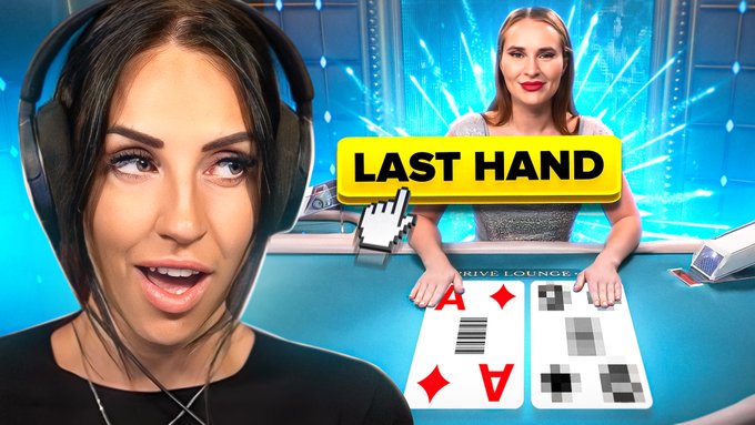 A woman wearing headphones appears excited on a video thumbnail featuring "LAST HAND" text, alongside another woman displaying two Ace of Diamonds cards at a poker table, promoting a $25 Duelbits gambling win highlighted in the accompanying post.