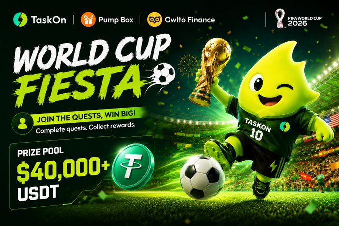 The image features a poster for World Cup Fiesta, which is an event where people can win prizes by playing soccer against each other. The poster includes a cartoon character of a yellow soccer ball with a smiley face, representing the theme of the event. It also has text that encourages viewers to join the Pump Box TaskOn and participate in the contest. The poster suggests that there are rewards for completing the tasks on the site, which can be accessed by entering their usdt information.