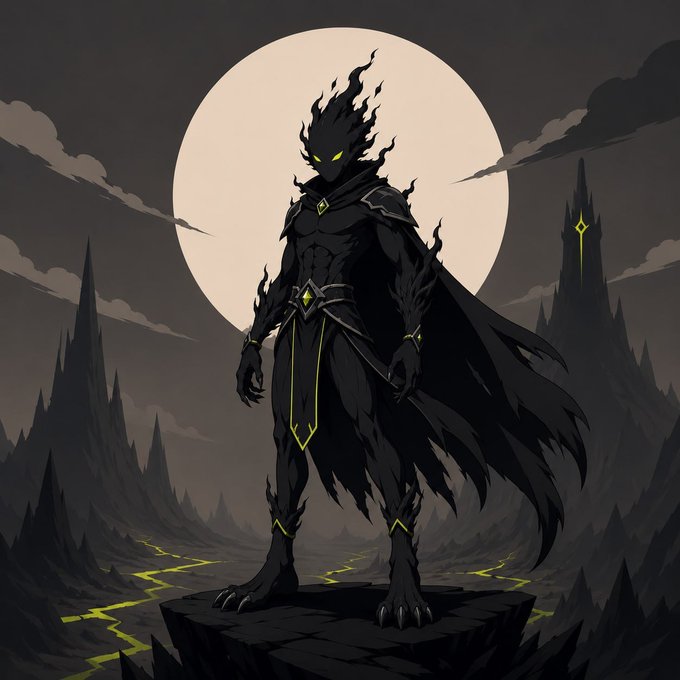 A shadowy, flame-haired dark fantasy warrior with glowing yellow eyes stands atop a rocky platform against a full moon, perfectly embodying the ominous aesthetic of BlackRH's upcoming NFT collection. The figure's menacing silhouette and gothic atmosphere mirror the mysterious, free-mint launch being promoted.