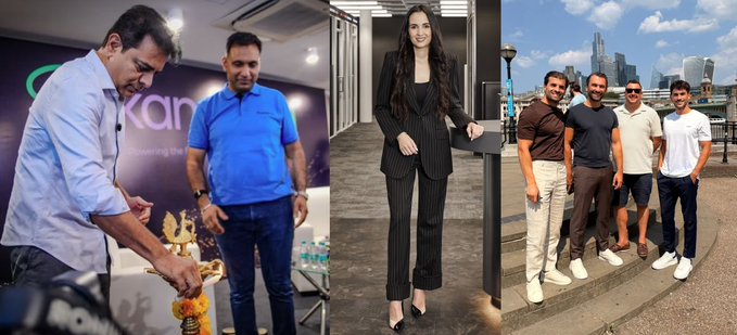 Three-panel collage: left shows two men at what appears to be a Kanpur event, center shows a woman in a pinstripe suit, right shows four men posing on a London riverside walkway with the city skyline behind them.
