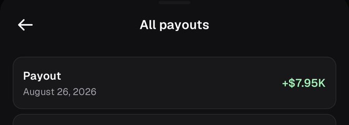 A mobile screenshot displaying an "All payouts" screen showing a single $7.95K payout dated August 26, 2026, corroborating the post's claim about earning $8,000 from one day of activity on Pumpfun.