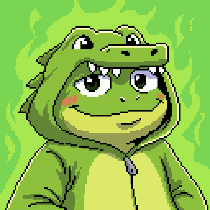 Pixel art of a character wearing a green crocodile hood, featuring rosy cheeks, large expressive eyes, and a small smile against a green background.