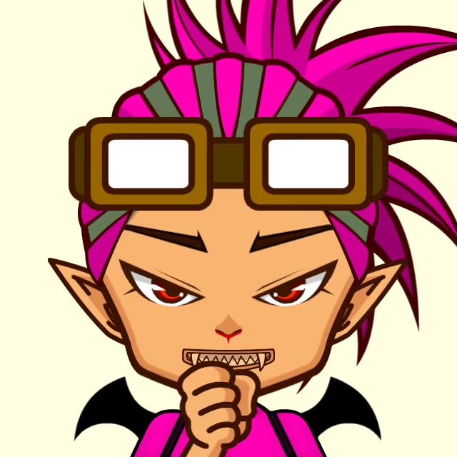 Anime-style illustration of a punk character with spiky pink hair, steampunk goggles, sharp teeth, and pointed ears, with a hand raised to their chin in a thoughtful pose.