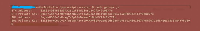 A terminal screenshot shows the output of a Node.js script (gen-pk.js) that generates a fresh ETH and SOL wallet, displaying their addresses and private keys, supporting the post's claim about an automated wallet generator using ethers and Solana libraries.