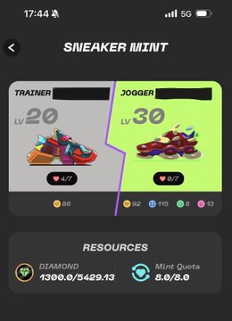 The image is a screenshot of an app screen showing two sneakers, one red (jumpers) and another green with a white sole, placed next to each other with a "Sneaker Mint" logo above them. In the background, there are icons for trainers and joggers along with the timer setting at 30 seconds or 0 minutes. The post also mentions that these sneakers will be used as rewards for daily activity tracking on the app.
