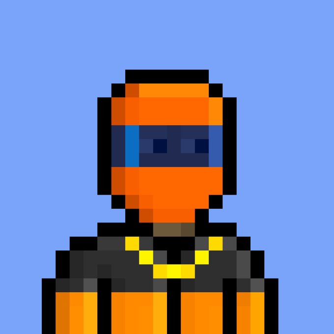 A pixel art illustration of an orange robotic or armored character with a dark blue visor against a solid blue background.