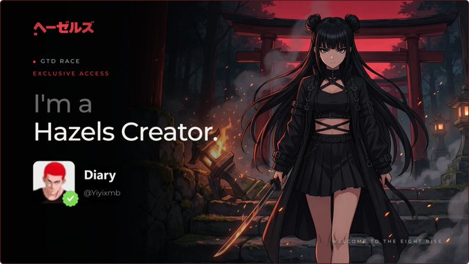 A web3 creator profile card for 'Diary @Yiyixmb' declaring 'I'm a Hazels Creator', featuring anime-style artwork of a dark-haired girl in black holding a sword against a red shrine backdrop.
