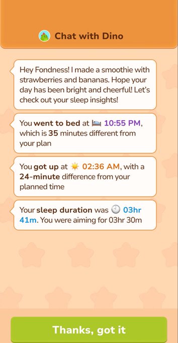 The image showcases a screenshot of a phone screen displaying a chat conversation with a person named "Dino" who made a smoothie. The text message from the person talking about their healthy choice and how they enjoyed making the smoothie serves as an example of positive reinforcement for the user's efforts in maintaining a healthy lifestyle or habit, such as getting enough sleep or staying active throughout the day.