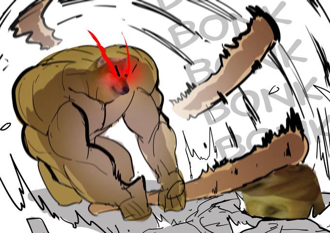 An illustrated drawing of a wounded, muscular creature with glowing red eyes being struck by a large claw attack, with 'BOINK' text watermarked across the image.