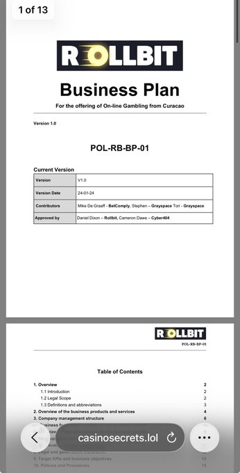 A document preview showing the 'Rollbit Business Plan' for offering on-line gambling from Curacao, version 1.0 dated 24-01-24, with a table of contents visible below.