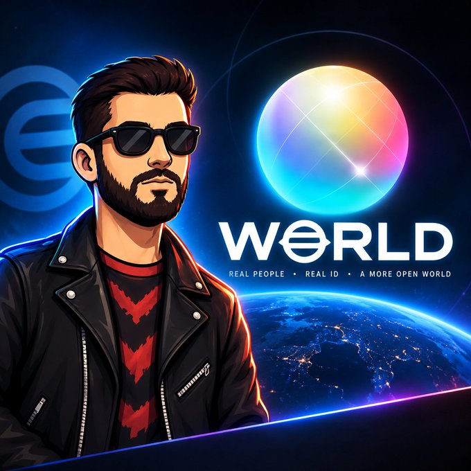 An illustration of a bearded man wearing sunglasses and a leather jacket stands in front of a glowing 'WORLD' logo that reads 'REAL PEOPLE • REAL ID • A MORE OPEN WORLD', with the Earth visible in the background.