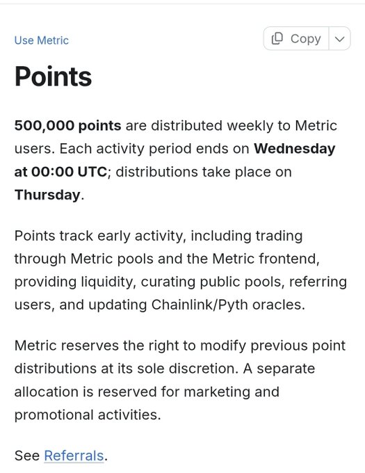 The image displays a section about "Points" for Metric (a DEX project), explaining that 500,000 points are distributed weekly to users based on activity like trading, pool curation, referrals, and oracle updates, with distributions occurring on Thursdays. This relates to the accompanying post by highlighting Metric's community-incentive structure as evidence of its user-aligned design, supporting the claim that it's a solid, community-focused product comparable to Hyperliquid.