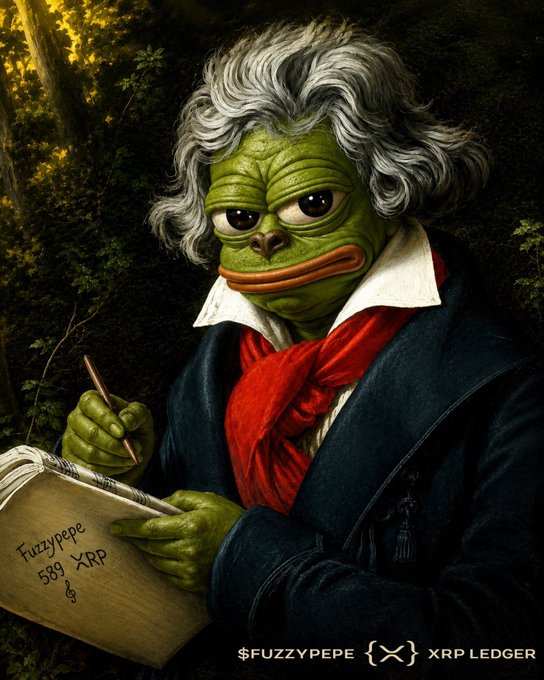 A Pepe the Frog character dressed in classical attire with white hair writes in a book labeled 'Fuzzypepe 589 XRP', with '$FUZZYPEPE' and 'XRP LEDGER' text at the bottom.