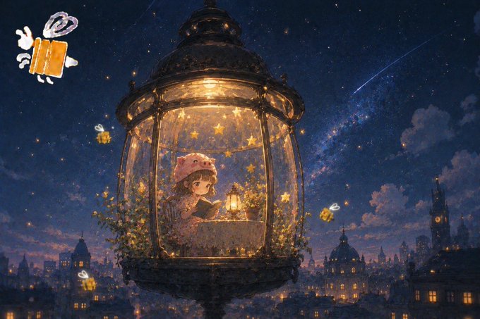 An anime-style illustration shows a girl reading by candlelight inside a glass lantern floating above a starry cityscape at night.