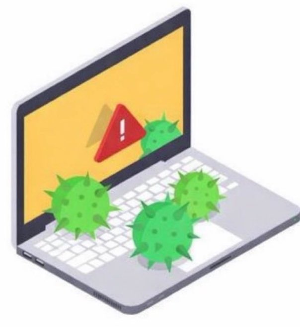 An illustration of a laptop displaying a red warning triangle on its screen, with green virus-like particles emerging from and surrounding the keyboard.