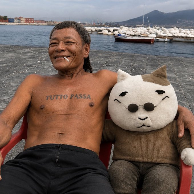 A shirtless man with a 'TUTTO PASSA' chest tattoo sits smiling with a cigarette next to a plush figure resembling Gendo Ikari from Neon Genesis Evangelion, set on a waterfront.
