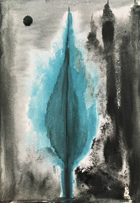 A monochromatic ink wash painting features a striking cyan-blue cypress or leaf-shaped form rising centrally against a smoky black and white background, with a dark circular shape resembling a moon in the upper left corner. The artwork's ethereal, nature-inspired aesthetic aligns with the post's reference to a "Magic Forest" NFT collection on the Tezos blockchain.