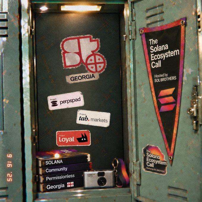 An open locker displaying various Solana-related stickers and memorabilia, including "GEORGIA," "perpspad," "tab.markets," "Loyal," and a pennant reading "The Solana Ecosystem Call Hosted by SOL BROTHERS," along with stacked books titled "SOLANA," "Community," "Permissionless," and "Georgia."