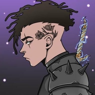 A digital illustration of a stylized character with dark dreadlocks, facial tattoos, and a spiked shoulder pad, with a rope glowing with electric blue energy tied behind their head, set against a purple starry background.