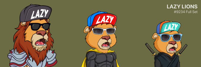 Three cartoon lion characters wearing 'LAZY' branded caps and sunglasses are displayed against an olive green background, labeled 'LAZY LIONS #9234 Full Set'.