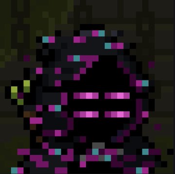 A dark pixel art image showing an abstract figure or creature rendered in black with bright pink, magenta, and cyan accents.