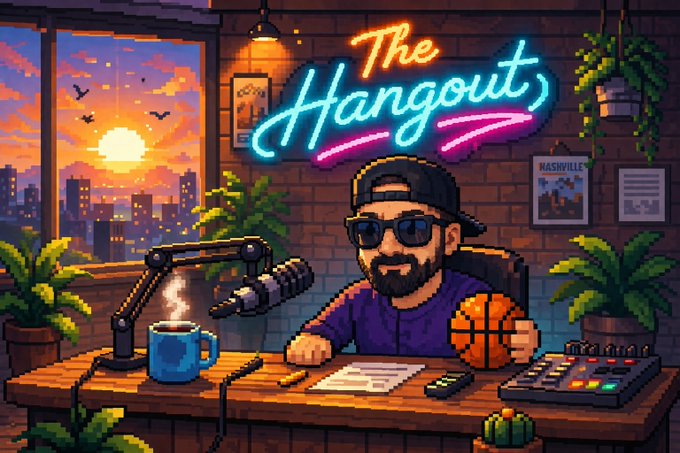 A pixel art illustration of a podcast studio featuring a bearded man with sunglasses at a desk with a microphone, neon sign reading 'The Hangouts,' a basketball, and a sunset cityscape visible through the window.