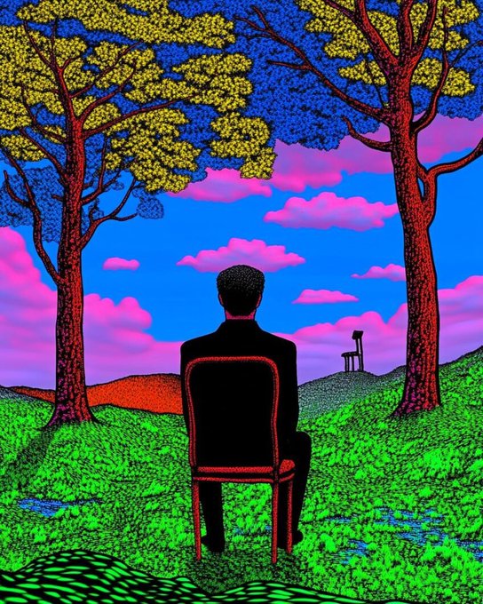A vibrant, psychedelic illustration shows a silhouetted figure in a suit sitting on a red chair in a green field, framed by two trees with yellow and blue foliage, under a bright blue sky with pink clouds. A small distant figure on a hill is also visible.