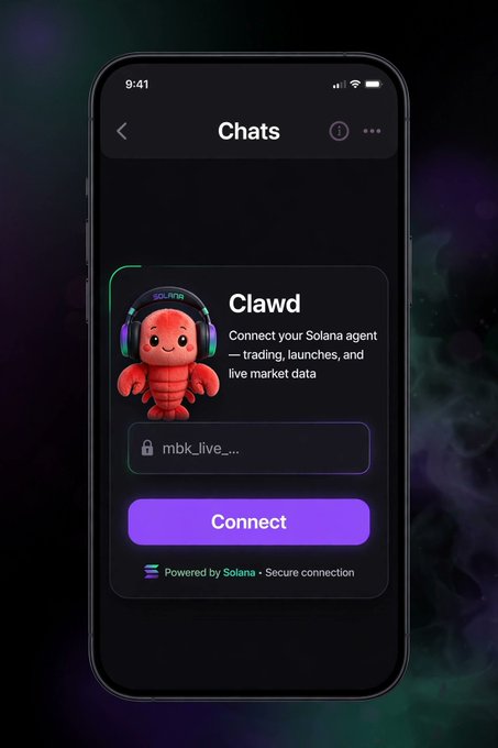 A smartphone screen displays a 'Chats' interface for 'Clawd', a Solana agent mascot, with a 'Connect' button and text about trading, launches, and live market data.