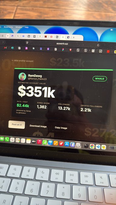 A photo of a laptop screen displaying the acworth.xyz website showing a Sorsa profile for 'RamDawg' (@Ramon_Pablo23) with an estimated account value of $351k, 13.27k followers, and a $2.44k rate per post.