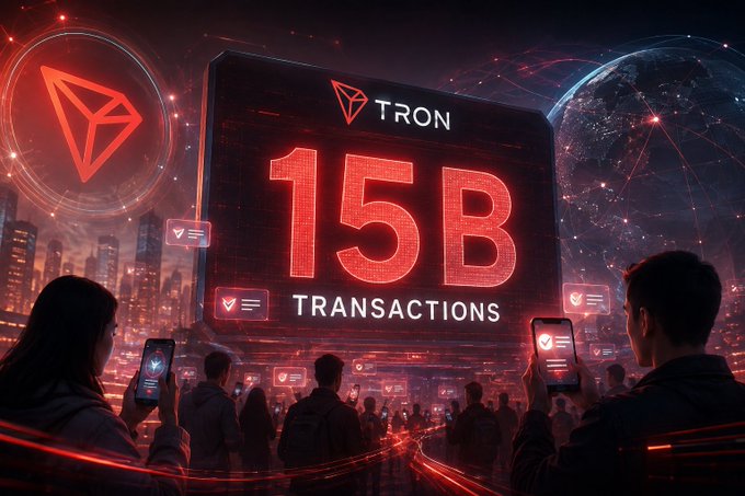 A futuristic digital illustration of a crowd looking at glowing smartphones, facing a massive red screen displaying the TRON logo and "15B TRANSACTIONS" against a cyberpunk cityscape.