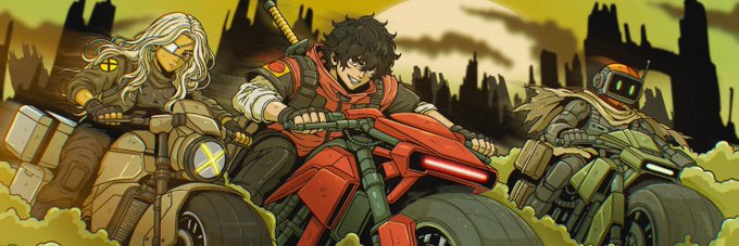 An anime-style illustration of three characters riding motorcycles in a post-apocalyptic setting, featuring a white-haired character, a red-clad swordsman, and a helmeted rider against a ruined cityscape.