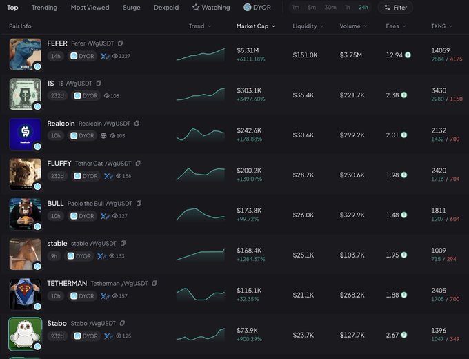 A screenshot of a cryptocurrency trading interface showing a 'DYOR' filtered list of tokens including 'FEFER /W/USDT', '$ /W/USDT', 'Realcoin', 'FLUFFY', 'BULL', 'stable', 'TETHERMAN', and 'Stabo' with various market cap and percentage change data.