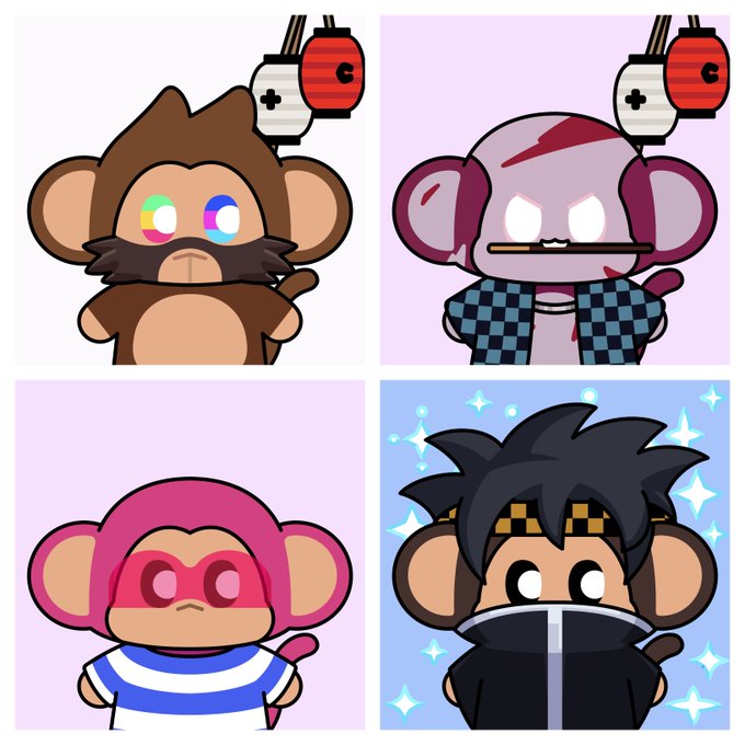 The image features four cartoon monkey heads with different outfits and accessories, each standing against a pink background. The monkeys are arranged in a square grid format, showcasing their unique styles and personalities. The caption below the image reads "There are only 5,555 @ChimpersHQ A legacy NFT collection that every collector should own. And every day is a good day to !"