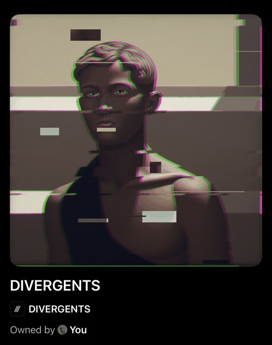 A glitch-effect digital portrait of a figure with green and purple chromatic aberration, displayed as an NFT titled "DIVERGENTS" and owned by the user, accompanies a post celebrating a successful free mint with a guaranteed minimum valuation reaching $8.