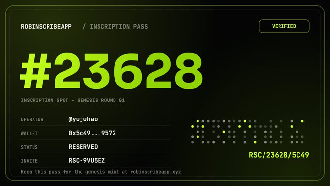 A digital inscription pass card displaying the number "#23628" for the RobinScribeApp Genesis Round 01, showing the operator @yujuhao, wallet address 0x5c49…9572, reserved status, and invite code RSC-9VU5EZ, which corresponds to the post promoting the Robinhood on-chain inscription project where users are encouraged to claim free inscriptions before the deadline.