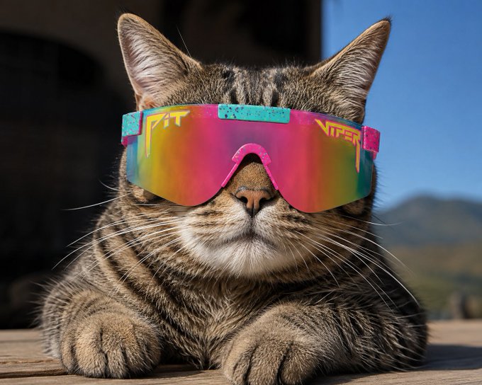 A tabby cat wearing colorful, iridescent ski goggles with 'VIBE' text, resting on its paws against an outdoor backdrop.
