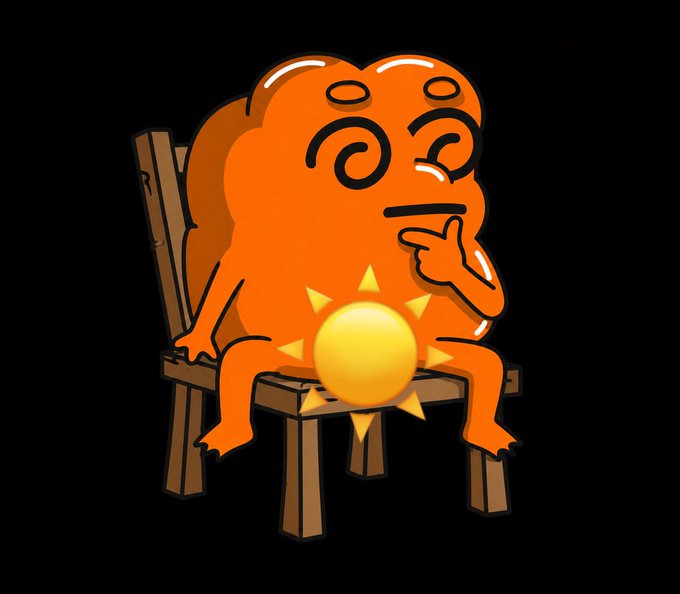 A cartoon orange character with dizzy, swirly eyes sits dazed on a wooden chair against a black background, with a glowing sun-like sphere between its legs. The image humorously matches the "Gm Bitcoiners" greeting, depicting a Bitcoin-like character as the morning sun itself awakening with a groggy, spinning-head expression.