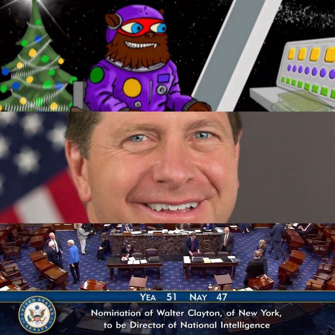 A three-panel collage features a purple cartoon bear astronaut by a Christmas tree, a smiling man identified as Jay Clayton, and a Senate floor where Walter Clayton's nomination as Director of National Intelligence passed 51-47, celebrating his confirmation in reference to the "Christmas Story" film.