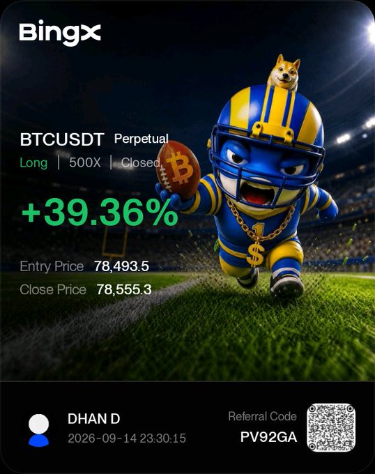 A BingX trading app screenshot showing a closed BTCUSDT perpetual long position with 500x leverage and a +39.36% gain, entered at 78,493.5 and closed at 78,555.3, dated 2026-09-14, with referral code PV92GA.